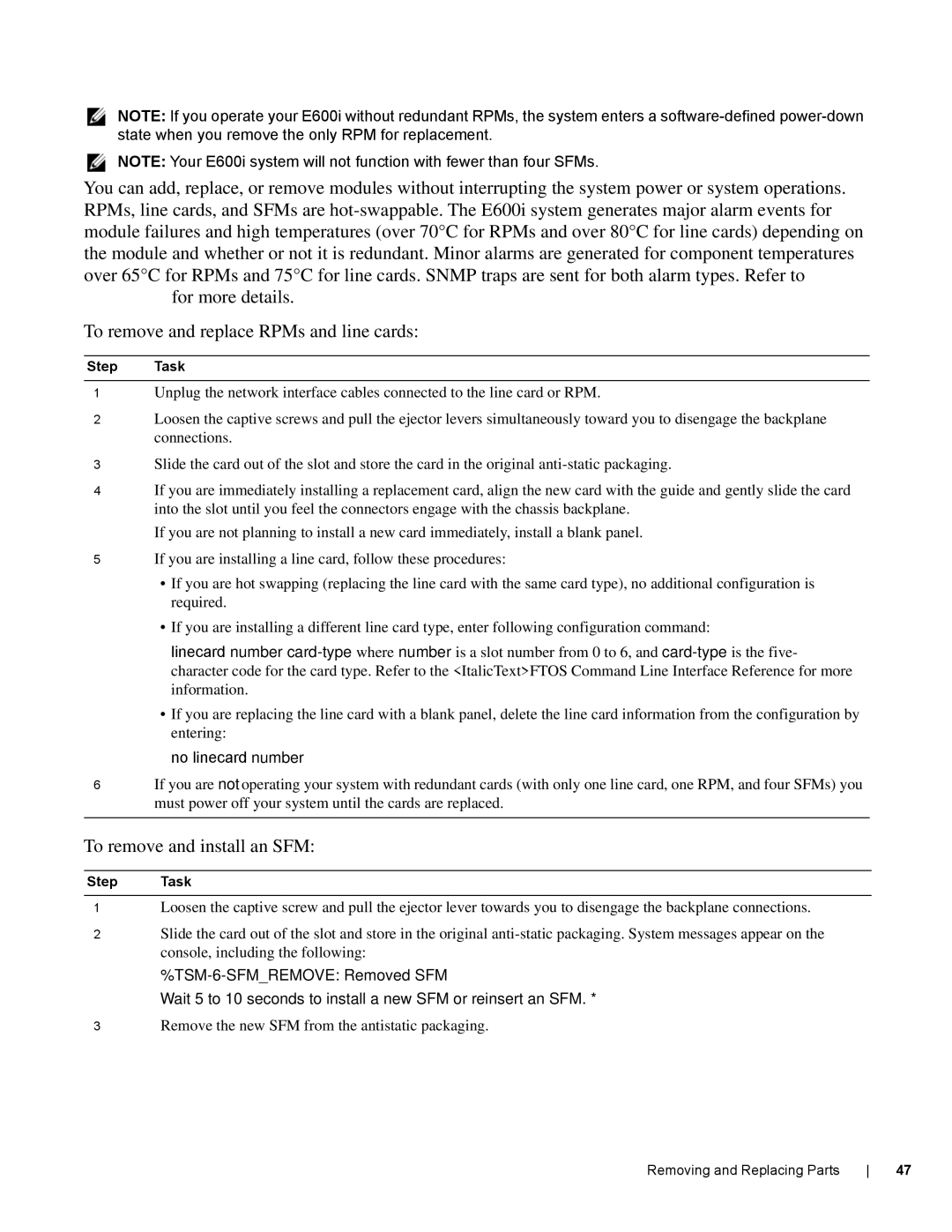 Dell E600I manual To remove and install an SFM, No linecard number 