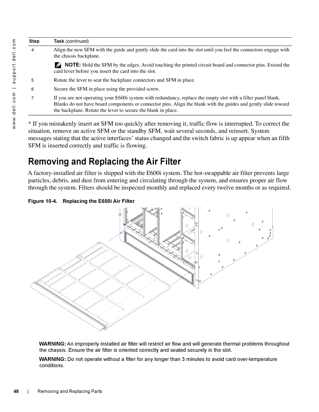 Dell E600I manual Removing and Replacing the Air Filter, Replacing the E600i Air Filter 