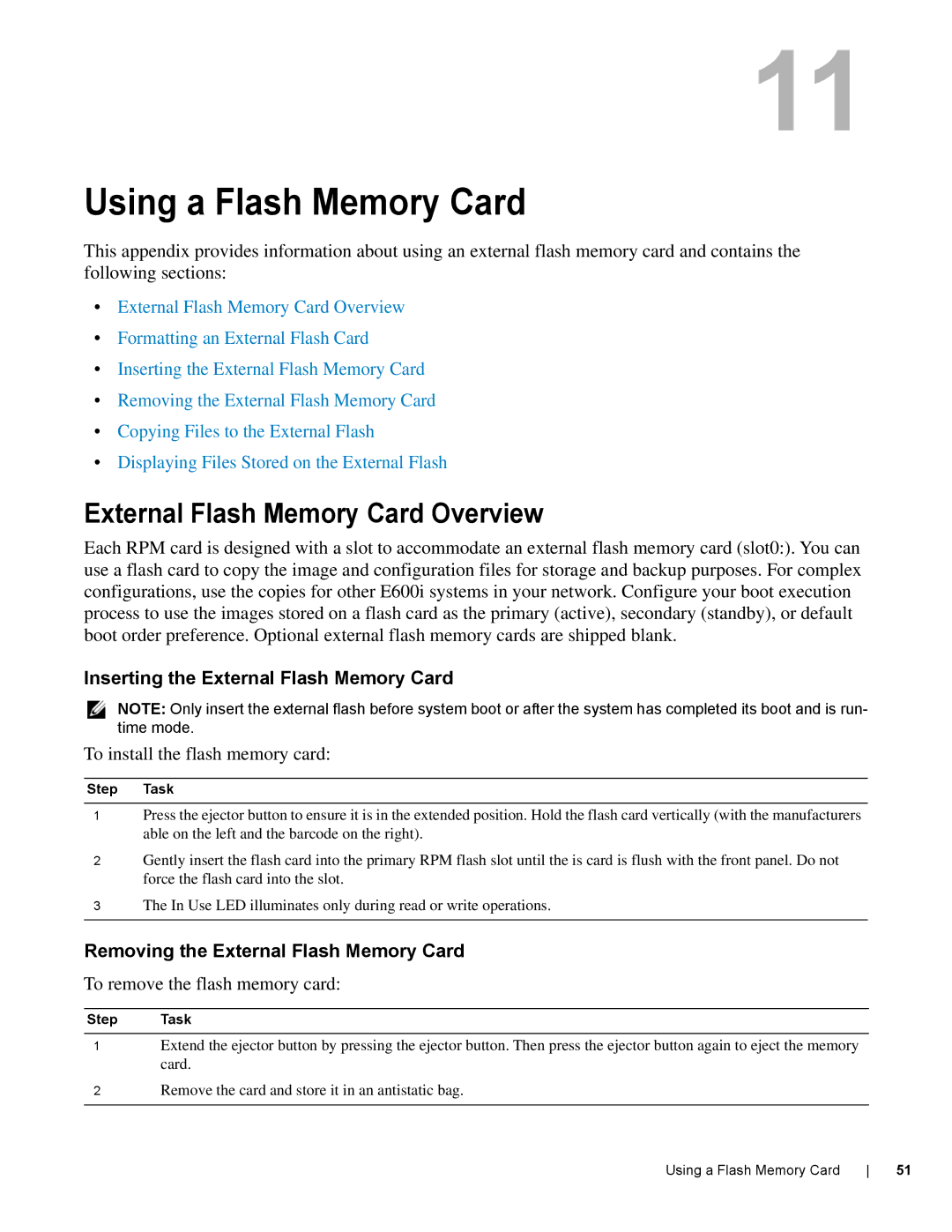 Dell E600I manual Using a Flash Memory Card, External Flash Memory Card Overview, Inserting the External Flash Memory Card 