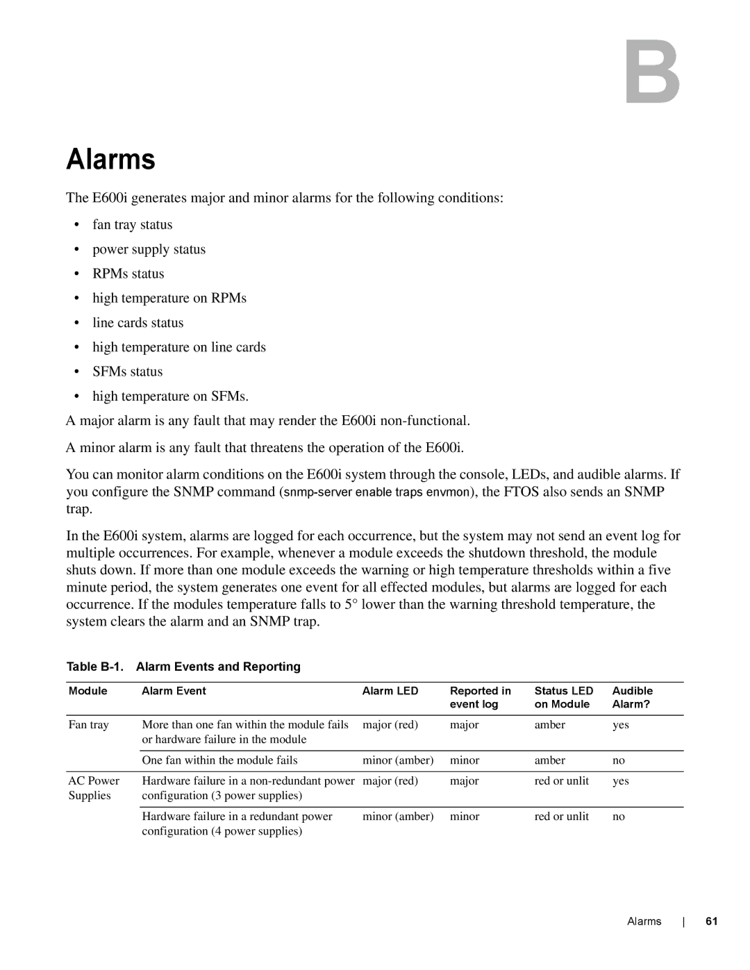 Dell E600I manual Alarms, Table B-1. Alarm Events and Reporting 