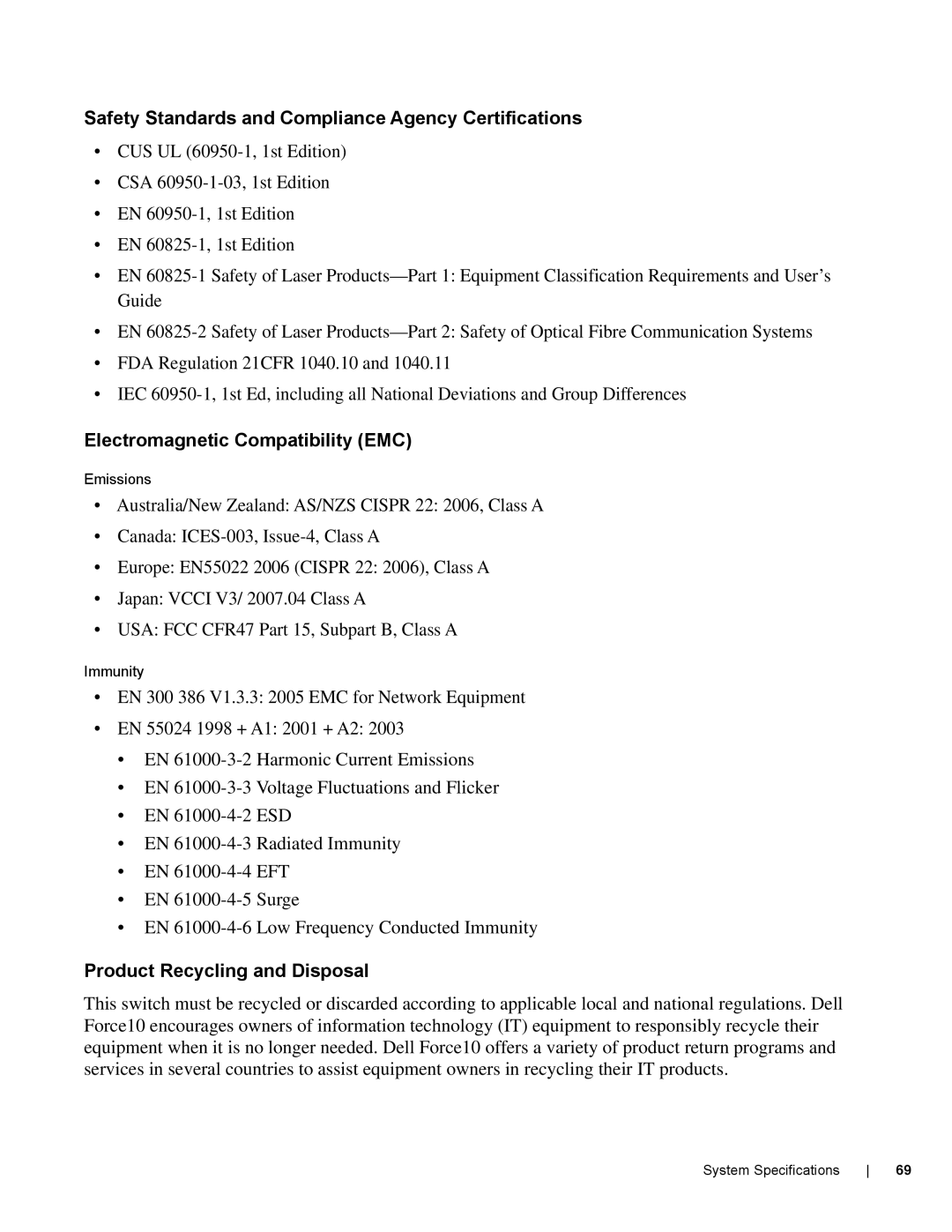 Dell E600I manual Safety Standards and Compliance Agency Certifications, Electromagnetic Compatibility EMC 