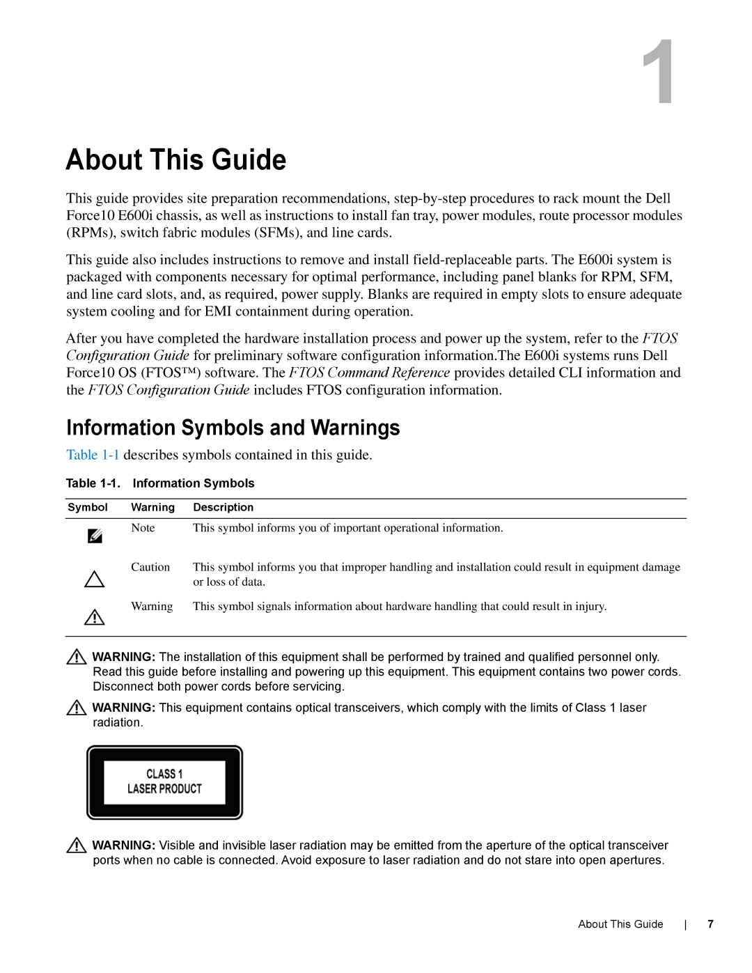 Dell E600I manual About This Guide, Information Symbols and Warnings, 1describes symbols contained in this guide 