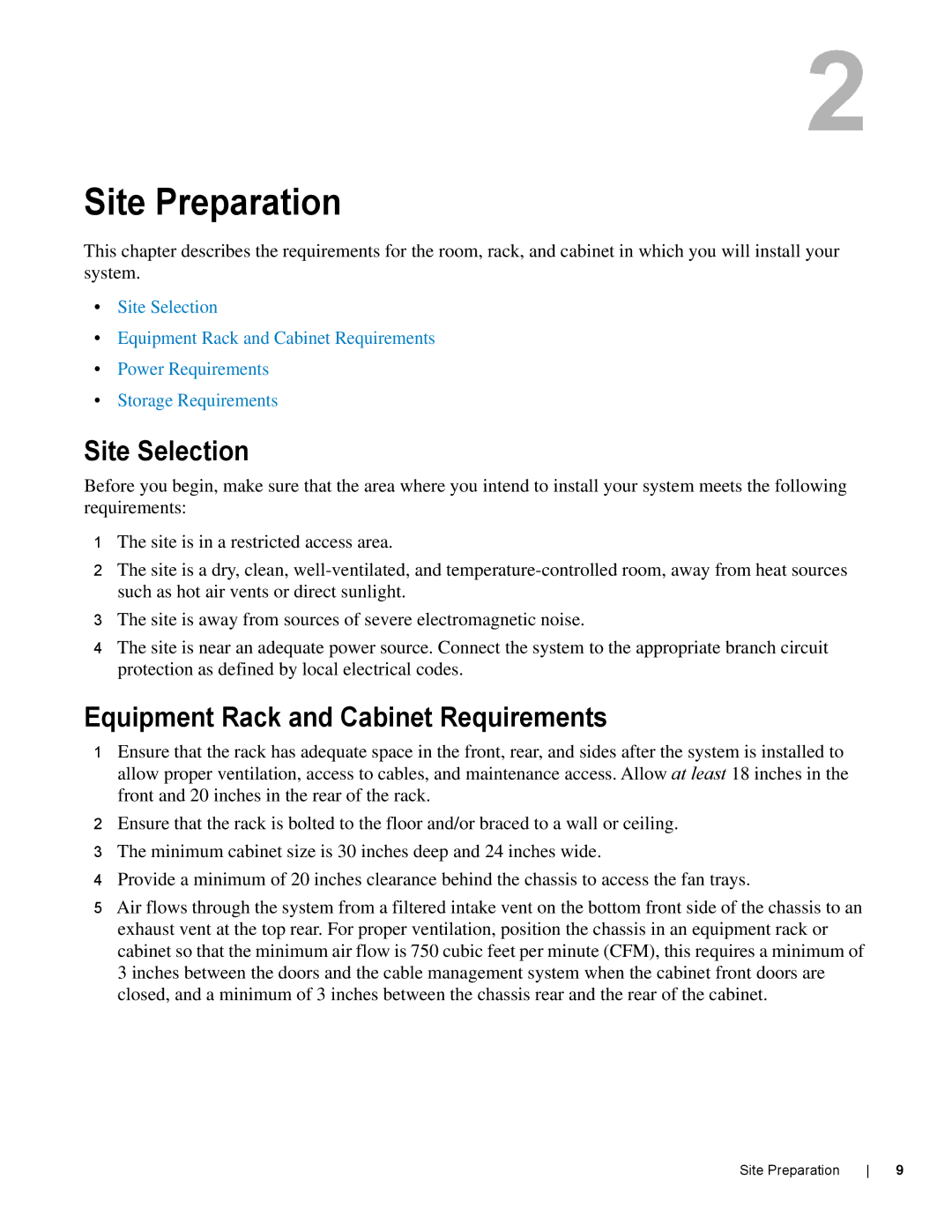 Dell E600I manual Site Preparation, Site Selection, Equipment Rack and Cabinet Requirements 