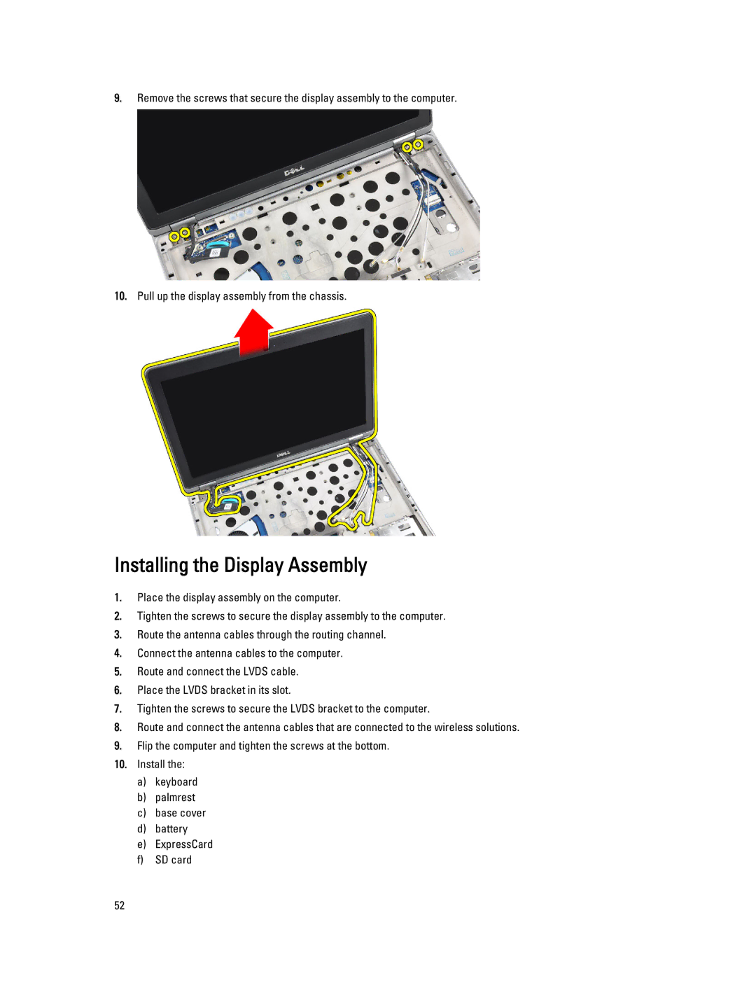 Dell E6230 owner manual Installing the Display Assembly 