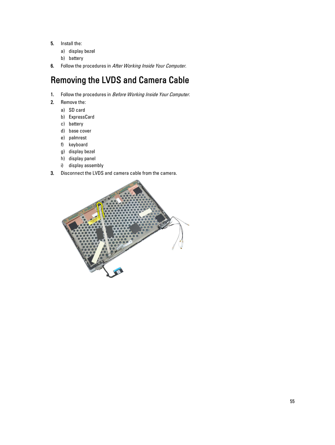 Dell E6230 owner manual Removing the Lvds and Camera Cable 