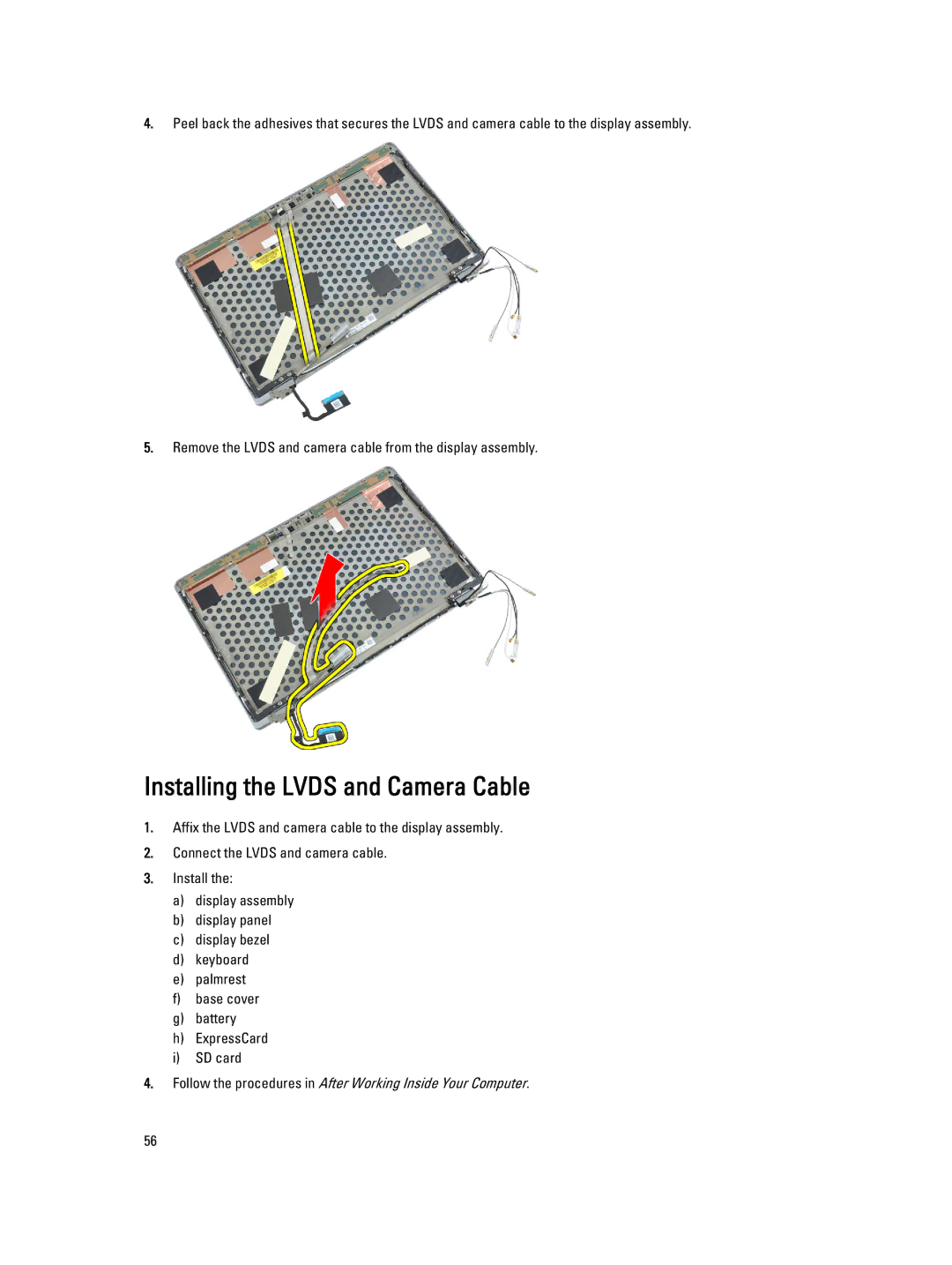 Dell E6230 owner manual Installing the Lvds and Camera Cable 