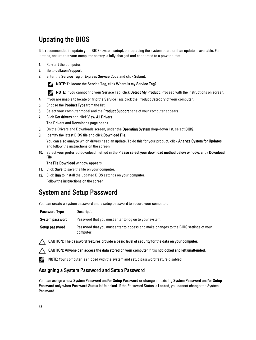 Dell E6230 owner manual Updating the Bios, System and Setup Password, Computer 