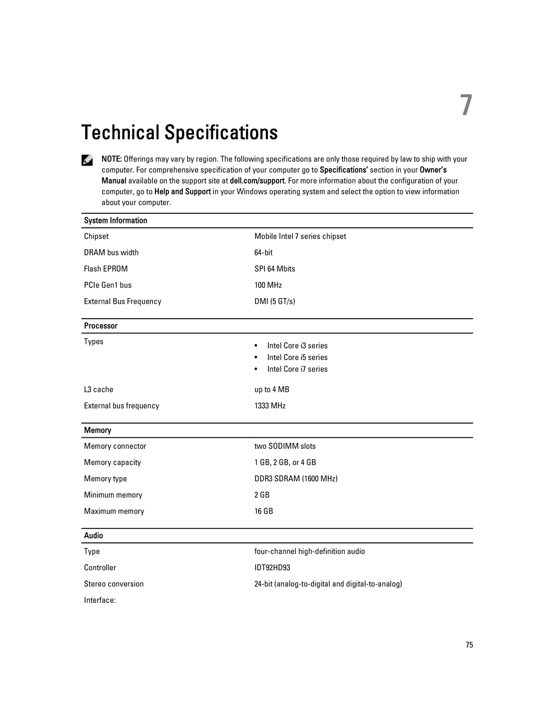 Dell E6230 owner manual Processor, Memory, Audio 