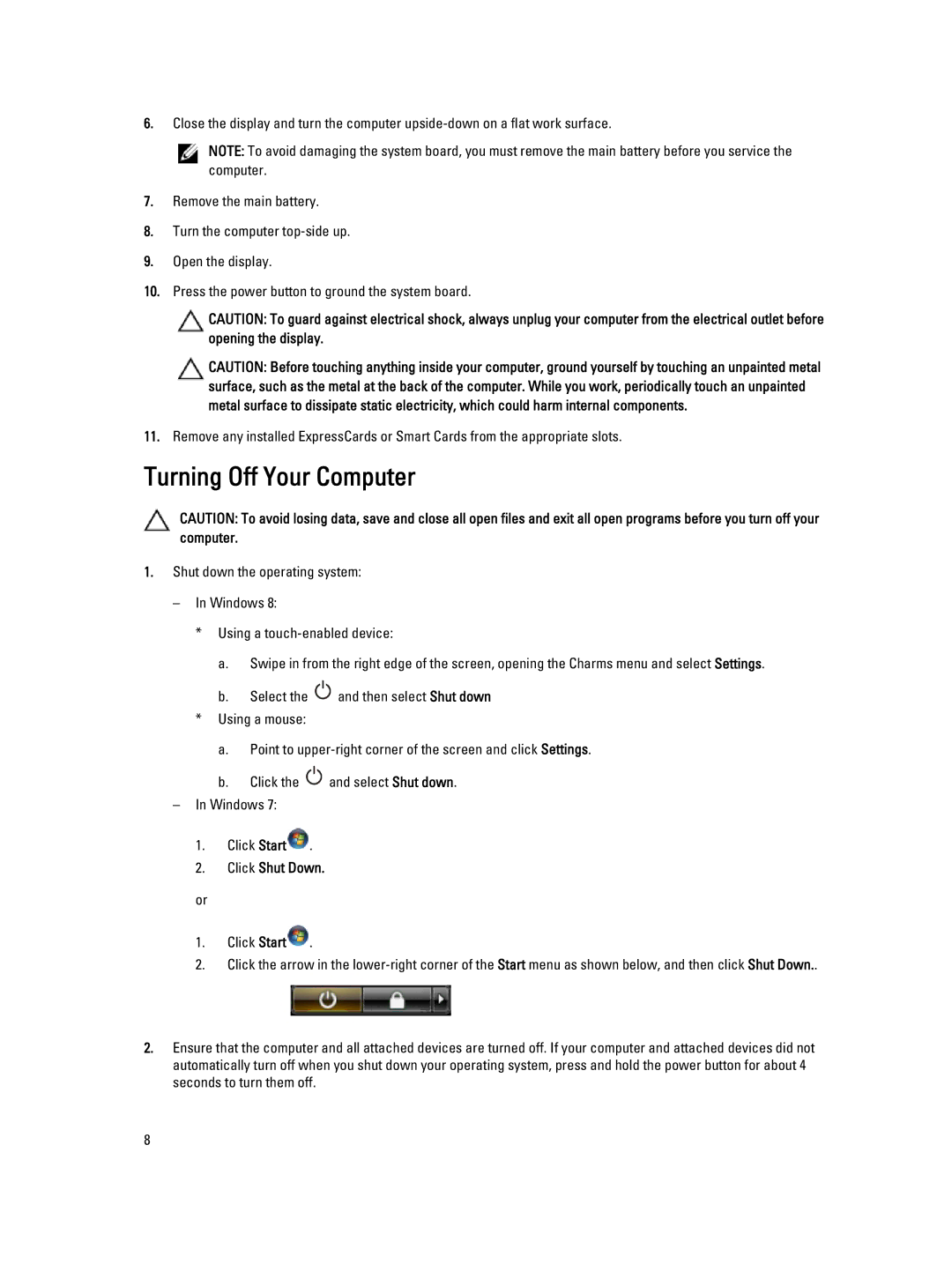 Dell E6230 owner manual Turning Off Your Computer, Click Shut Down 