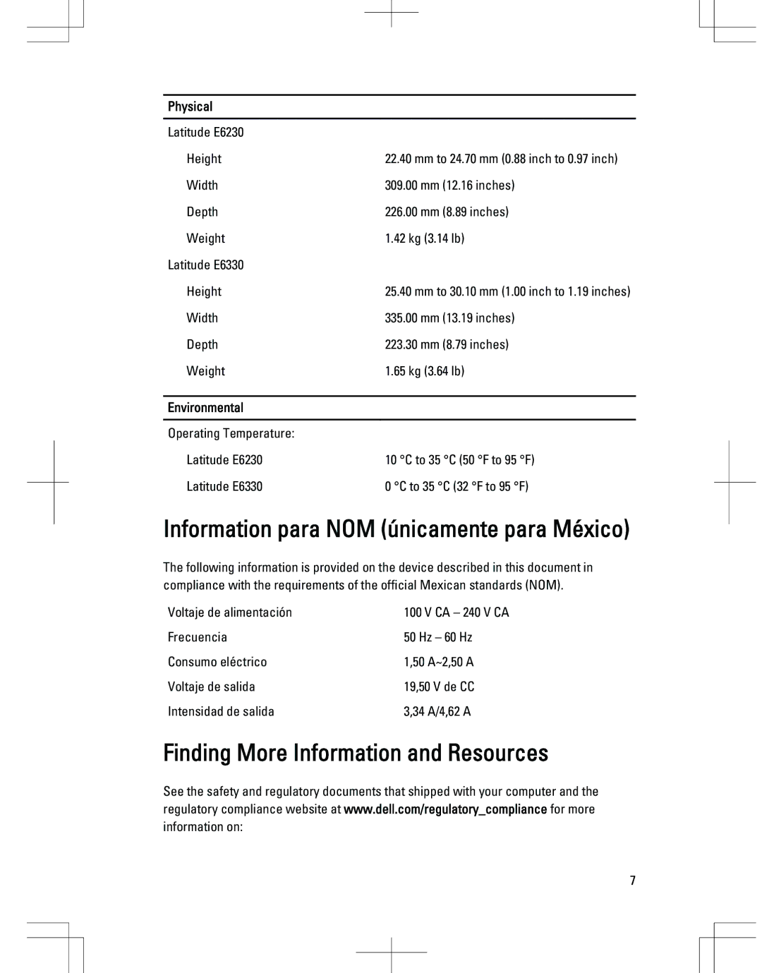 Dell E6230 Information para NOM únicamente para México, Finding More Information and Resources, Physical, Environmental 