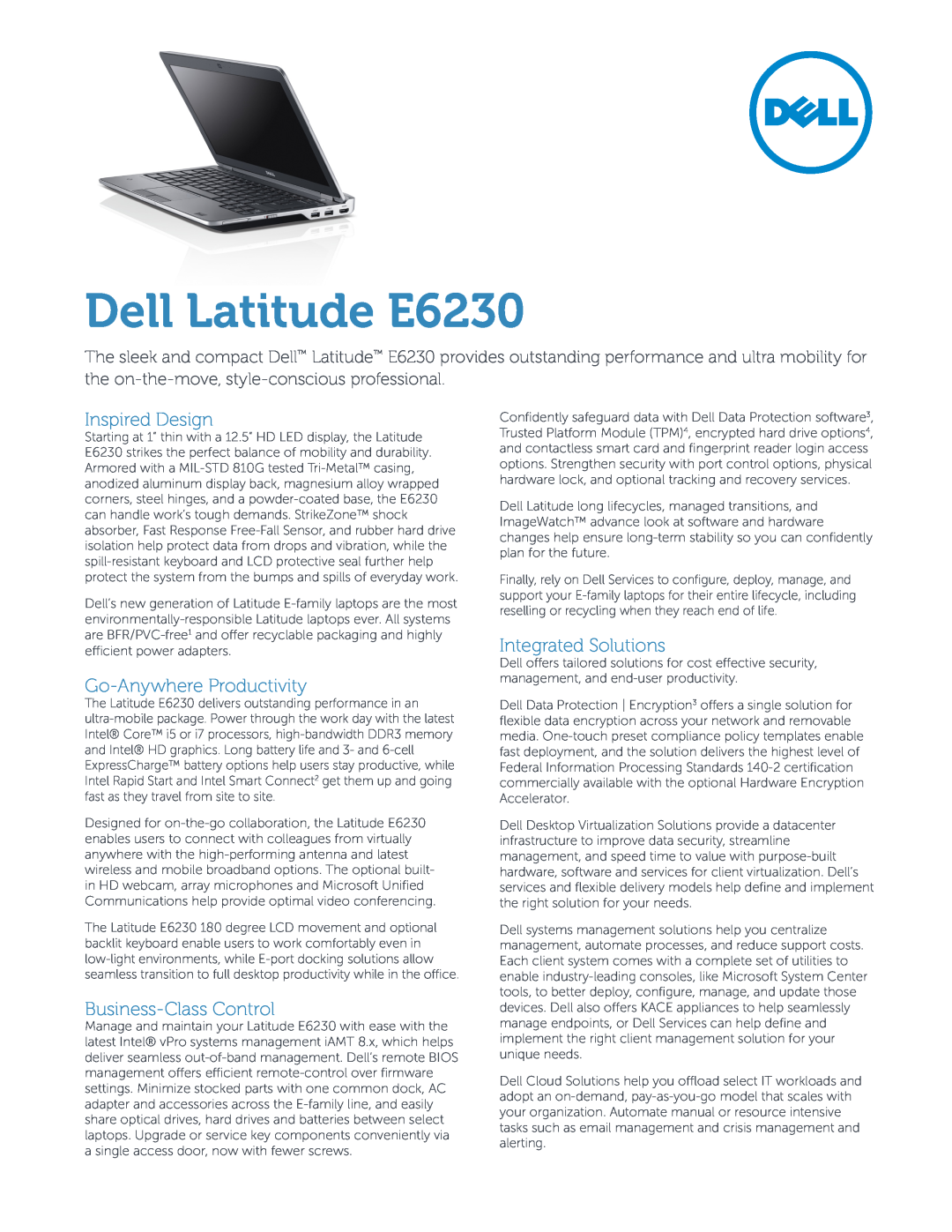 Dell manual Dell Latitude E6230, Inspired Design, Go-Anywhere Productivity, Business-Class Control 