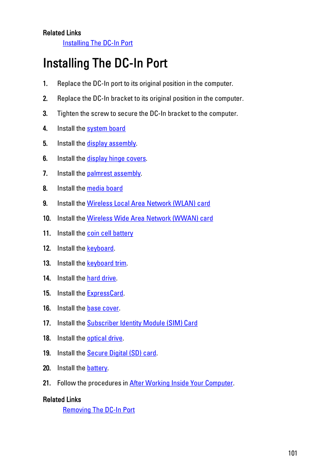 Dell E6320 owner manual Installing The DC-In Port, Related Links 