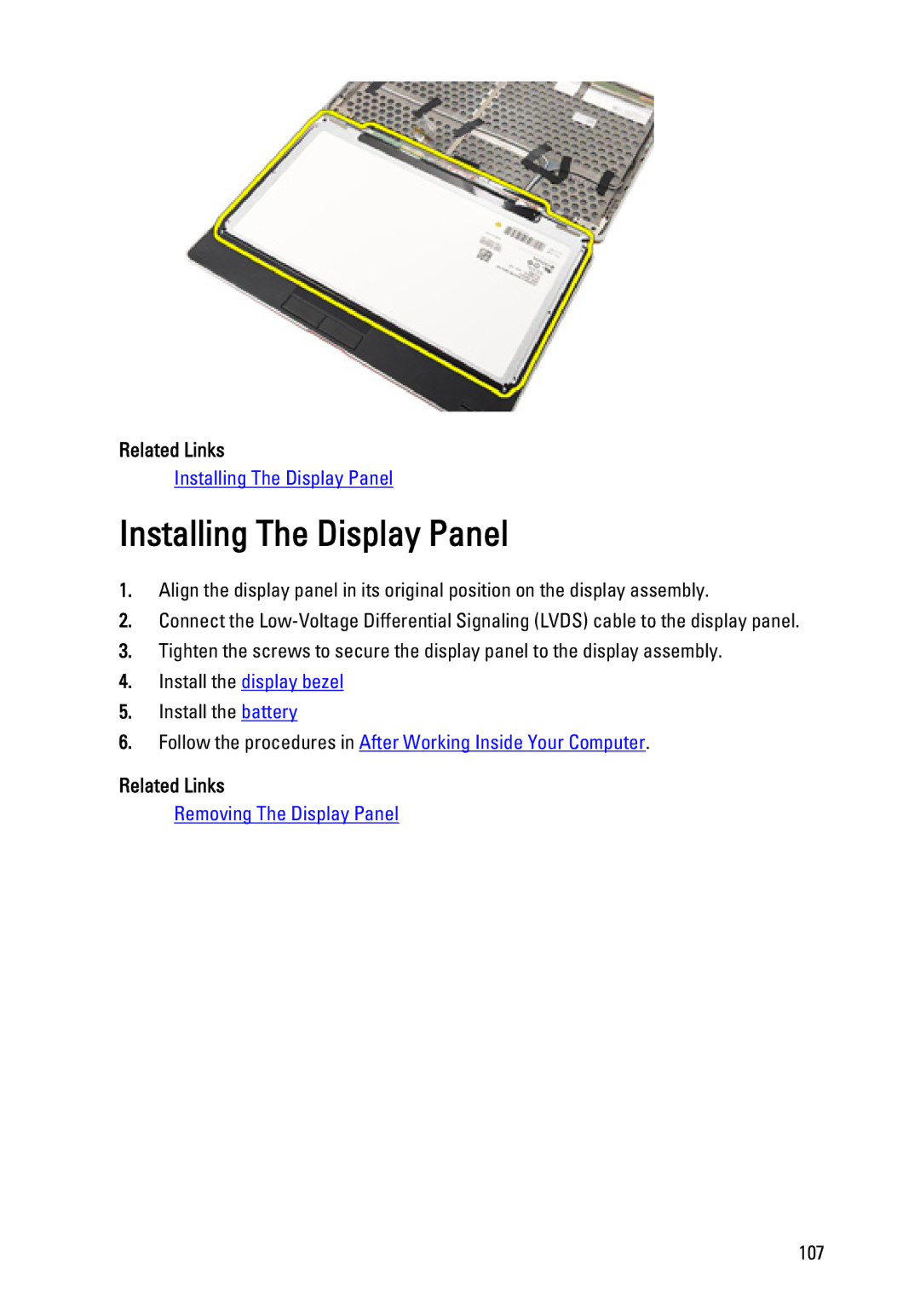 Dell E6320 owner manual Installing The Display Panel, Related Links 