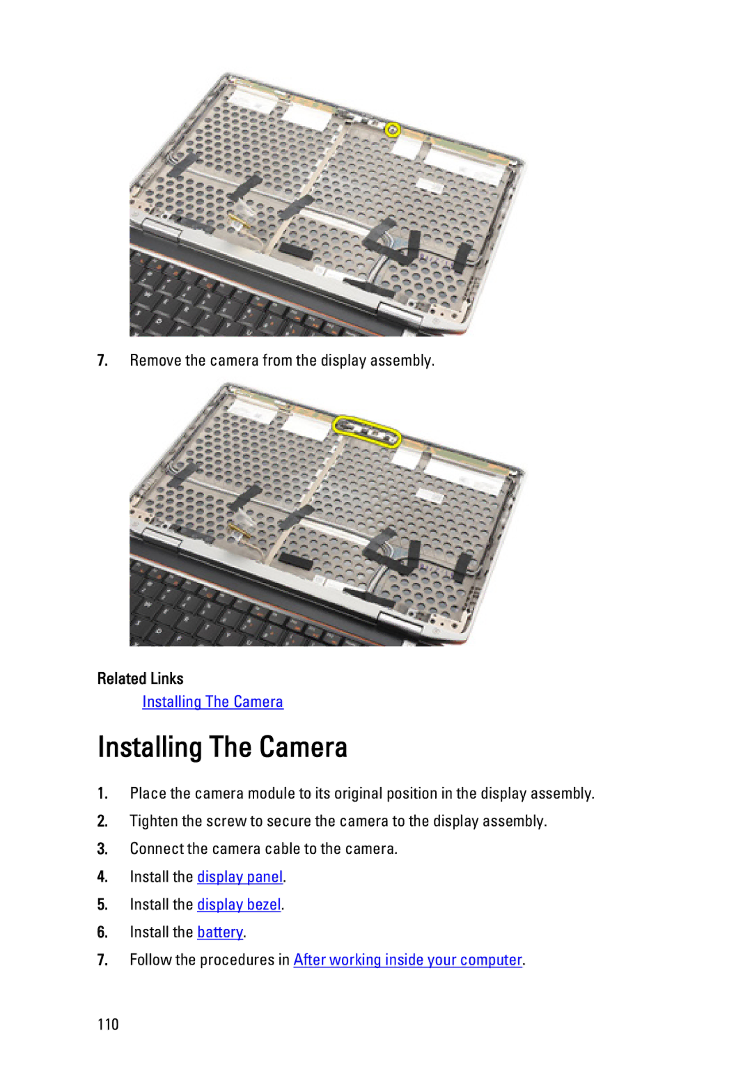 Dell E6320 owner manual Installing The Camera, Related Links 