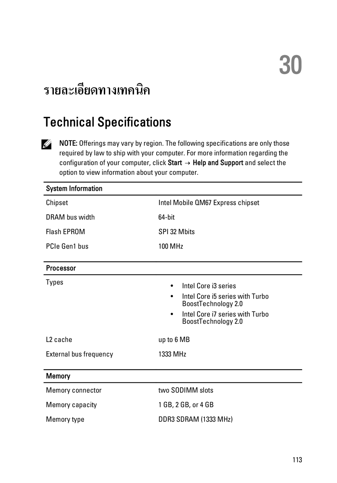 Dell E6320 owner manual รายละเอียดทางเทคนิค, Technical Specifications, System Information, Processor, Memory 