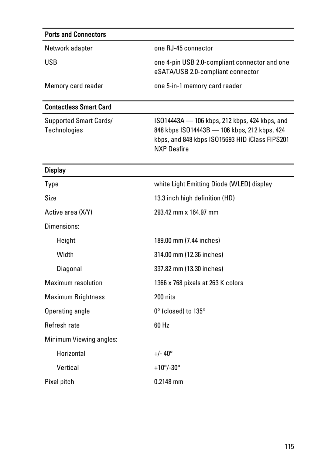 Dell E6320 owner manual Contactless Smart Card, Display 