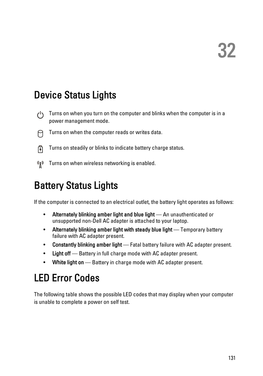 Dell E6320 owner manual การวินิจฉัยระบบ, Device Status Lights, Battery Status Lights, LED Error Codes 