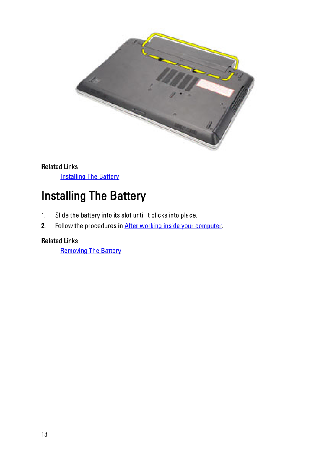 Dell E6320 owner manual Installing The Battery 