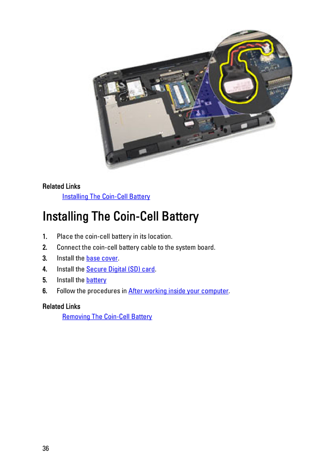 Dell E6320 owner manual Installing The Coin-Cell Battery 