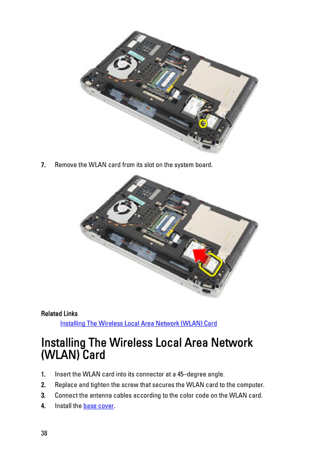 Dell E6320 owner manual Installing The Wireless Local Area Network Wlan Card 