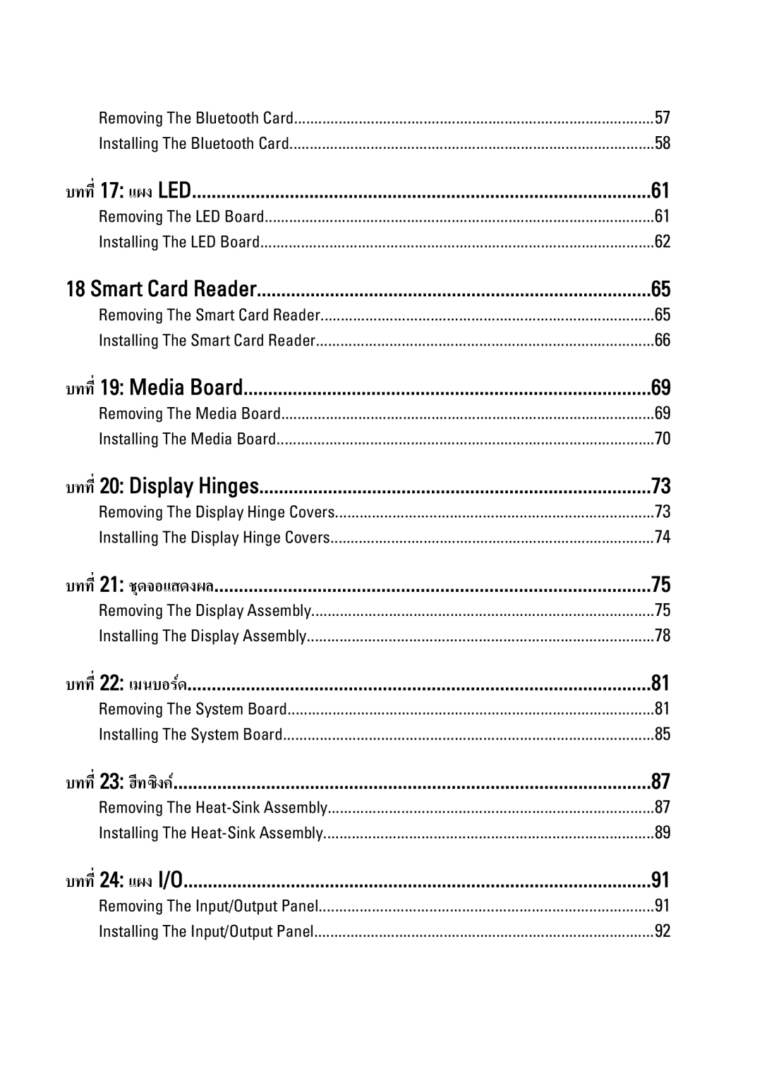 Dell E6320 บทที่17 แผง LED, Smart Card Reader, บทที่19 Media Board, บทที่20 Display Hinges, บทที่21 ชุดจอแสดงผล 