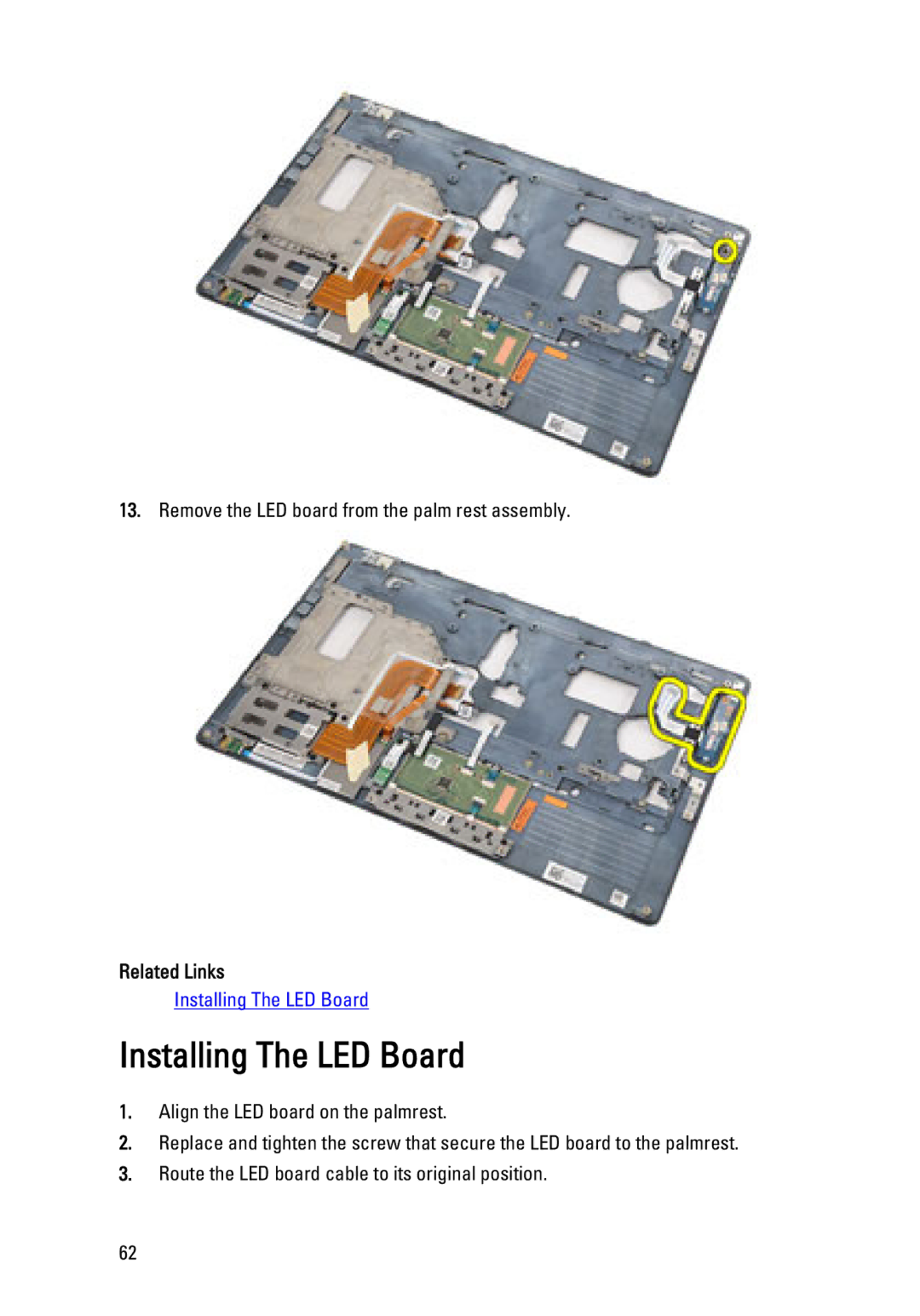 Dell E6320 owner manual Installing The LED Board, Related Links 