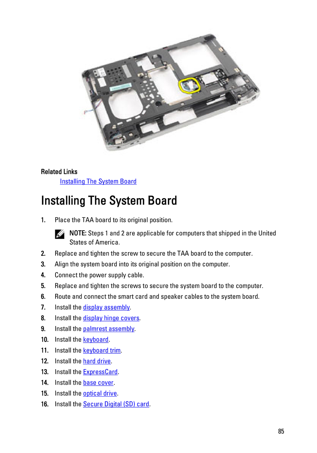 Dell E6320 owner manual Installing The System Board, Related Links 