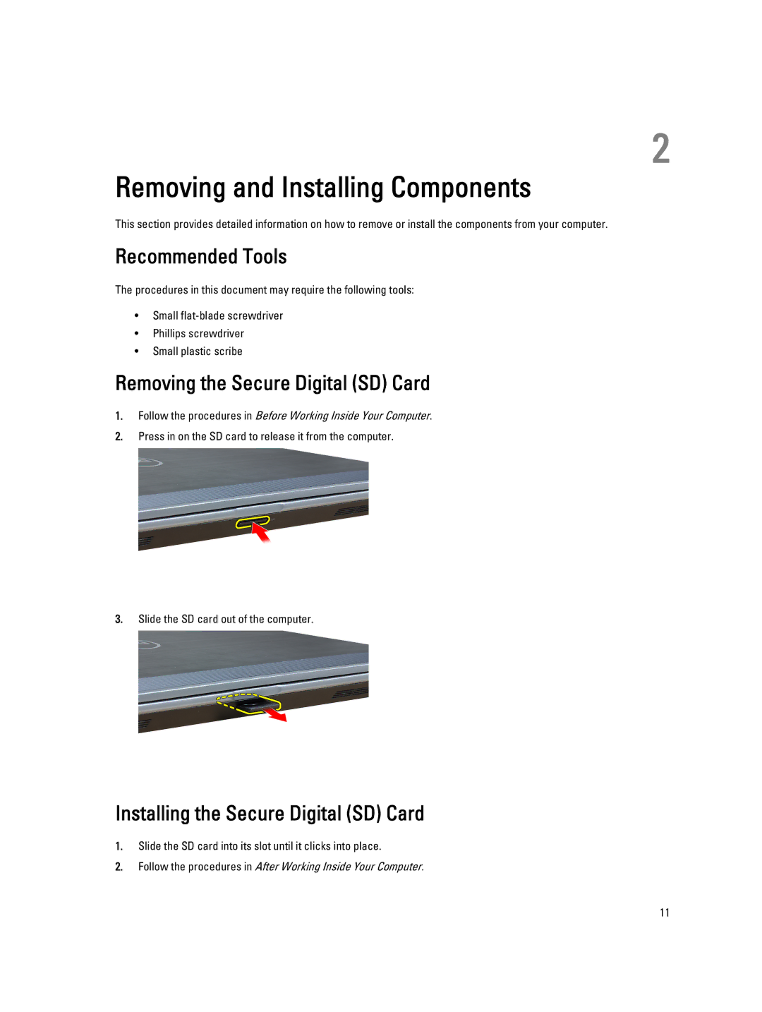 Dell E6330 owner manual Recommended Tools, Removing the Secure Digital SD Card, Installing the Secure Digital SD Card 