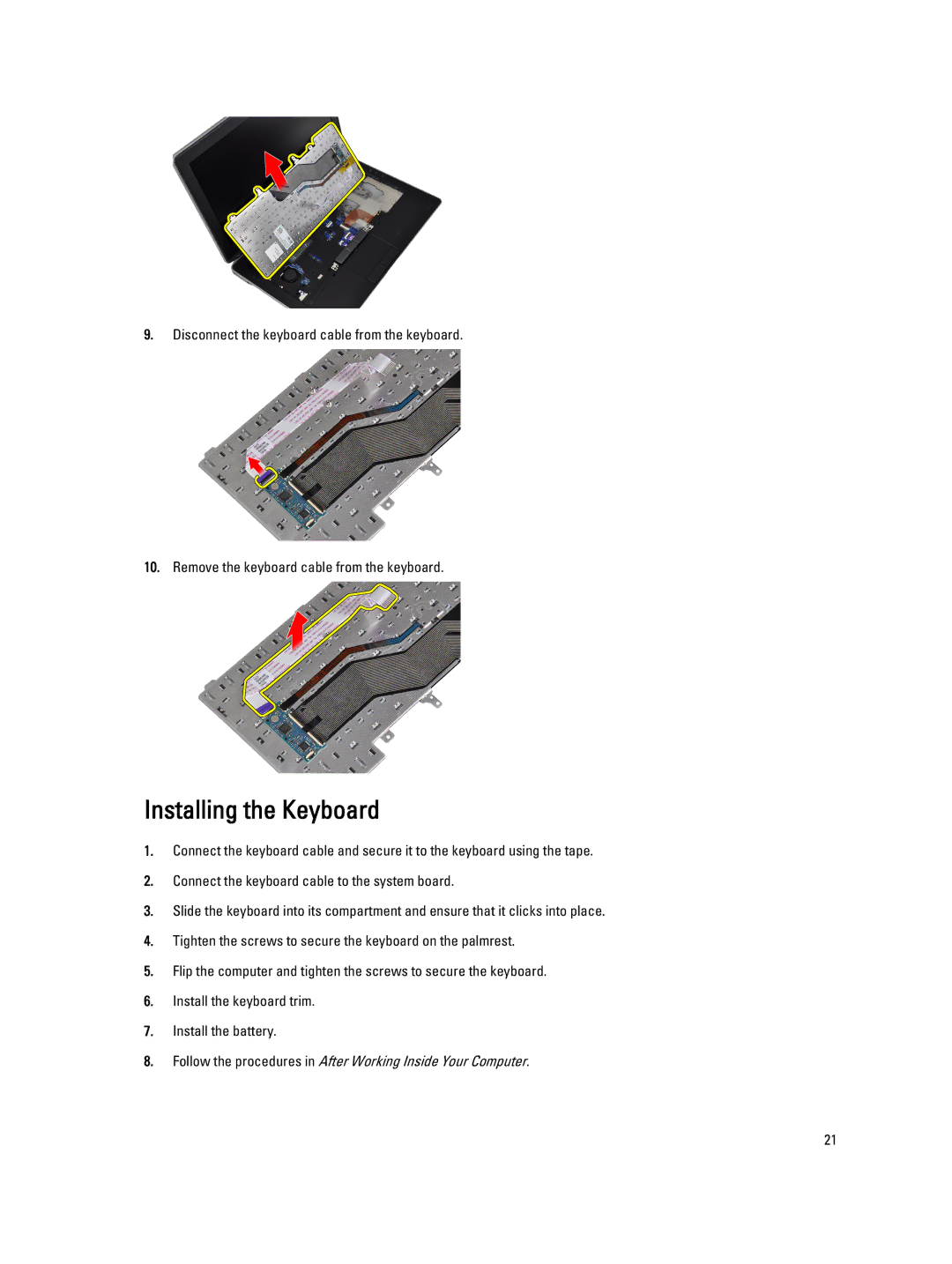 Dell E6330 owner manual Installing the Keyboard 