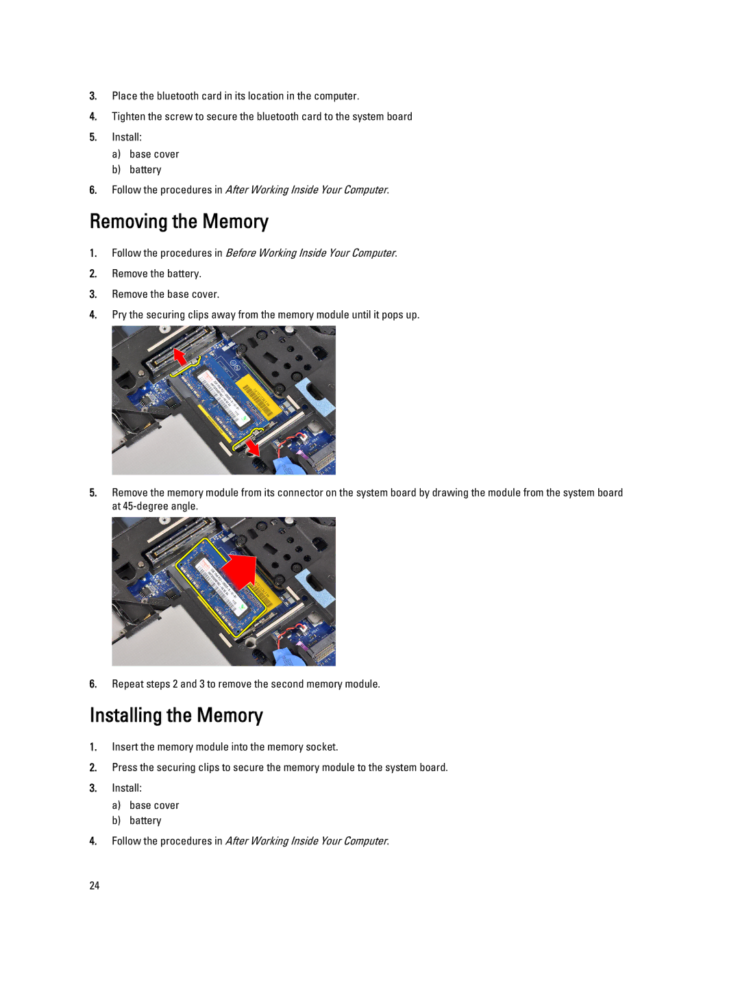 Dell E6330 owner manual Removing the Memory, Installing the Memory 