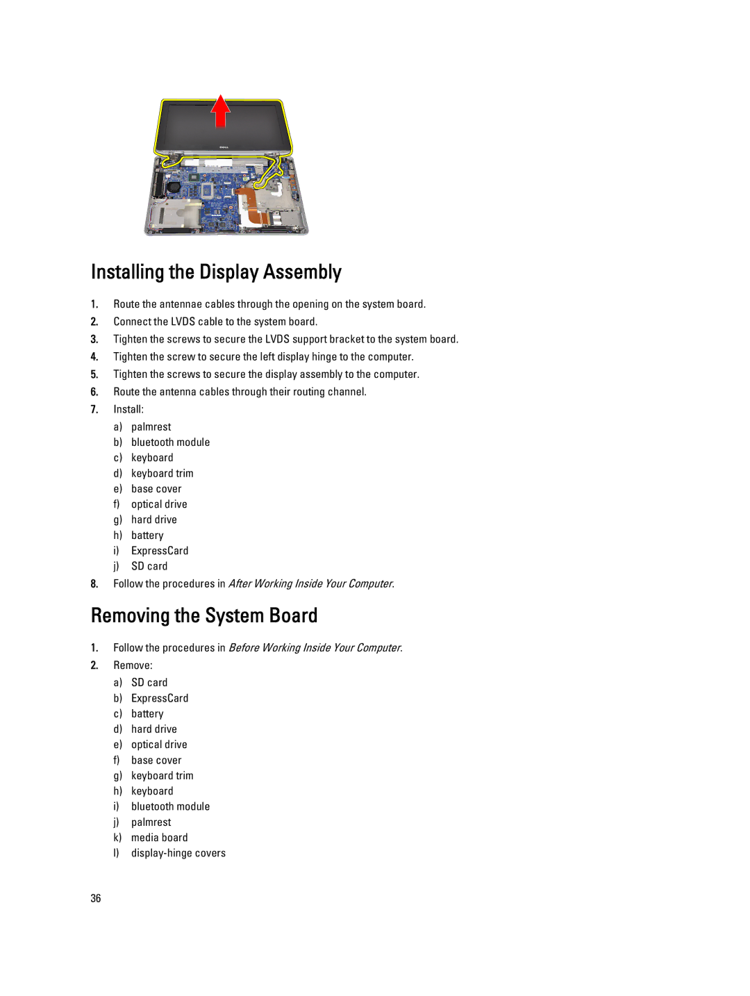 Dell E6330 owner manual Installing the Display Assembly, Removing the System Board 