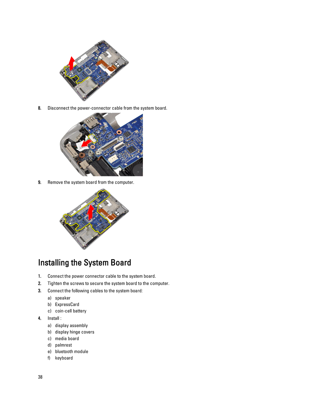 Dell E6330 owner manual Installing the System Board 