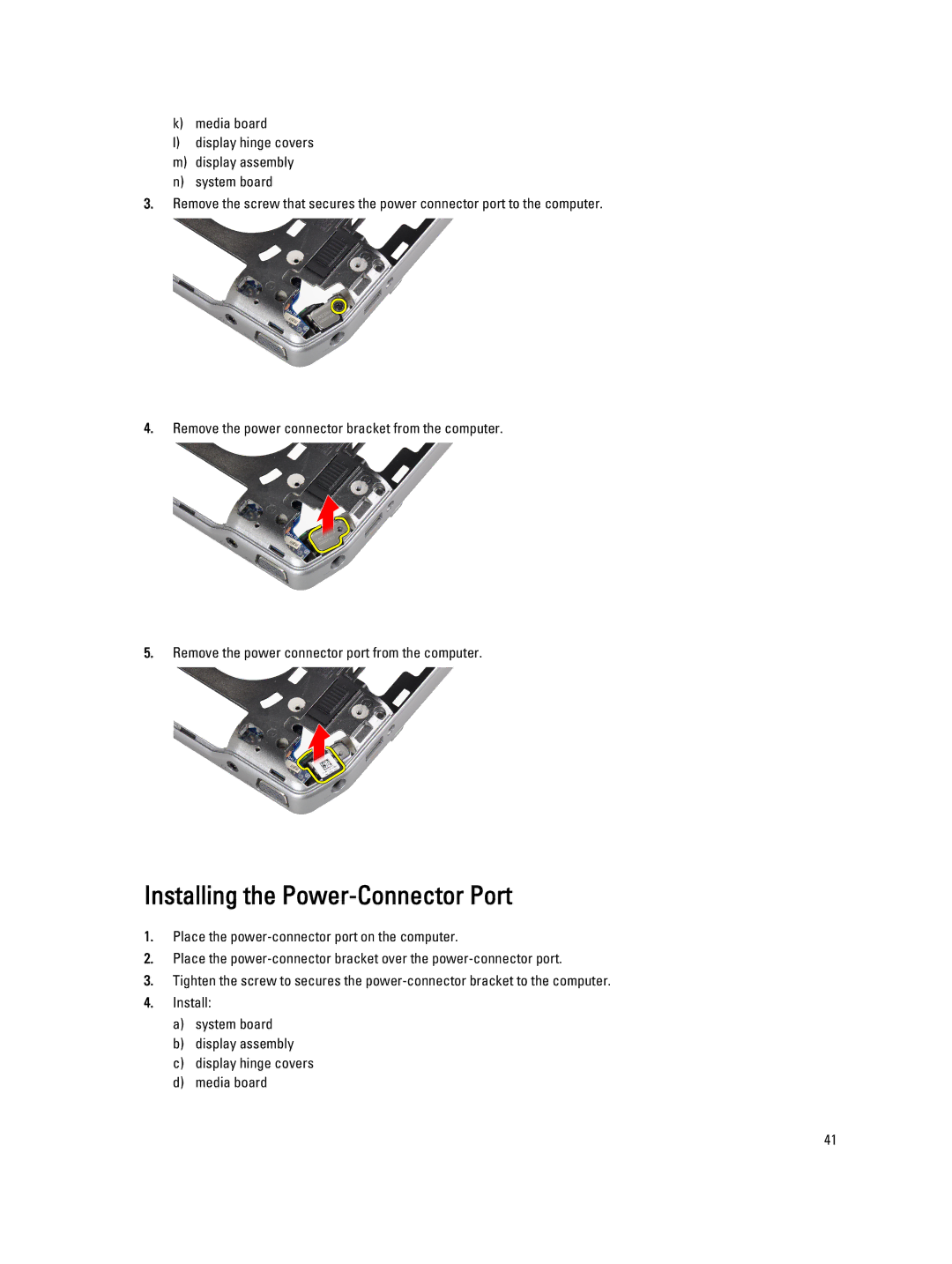 Dell E6330 owner manual Installing the Power-Connector Port 