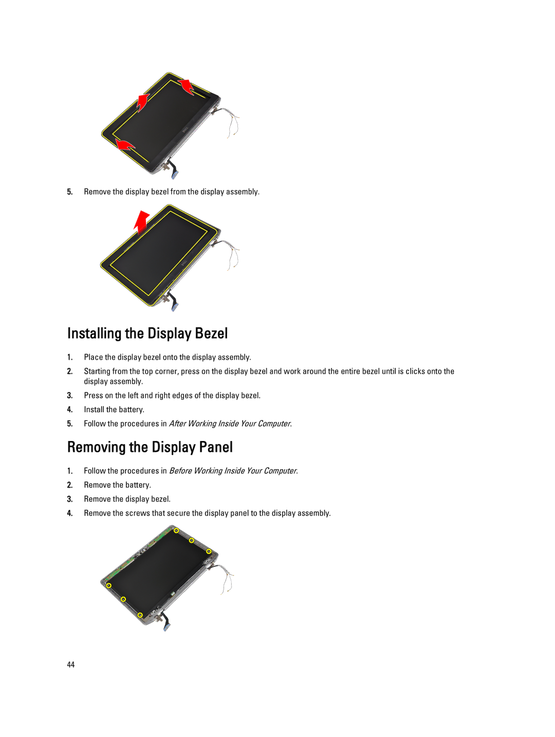 Dell E6330 owner manual Installing the Display Bezel, Removing the Display Panel 