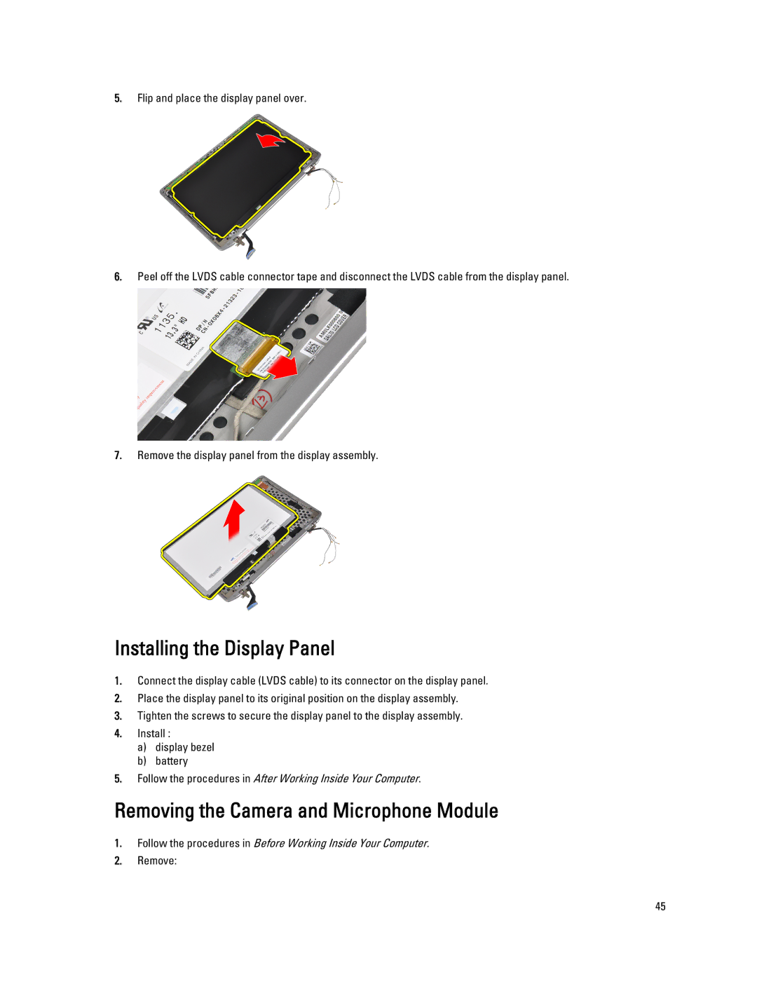 Dell E6330 owner manual Installing the Display Panel, Removing the Camera and Microphone Module 