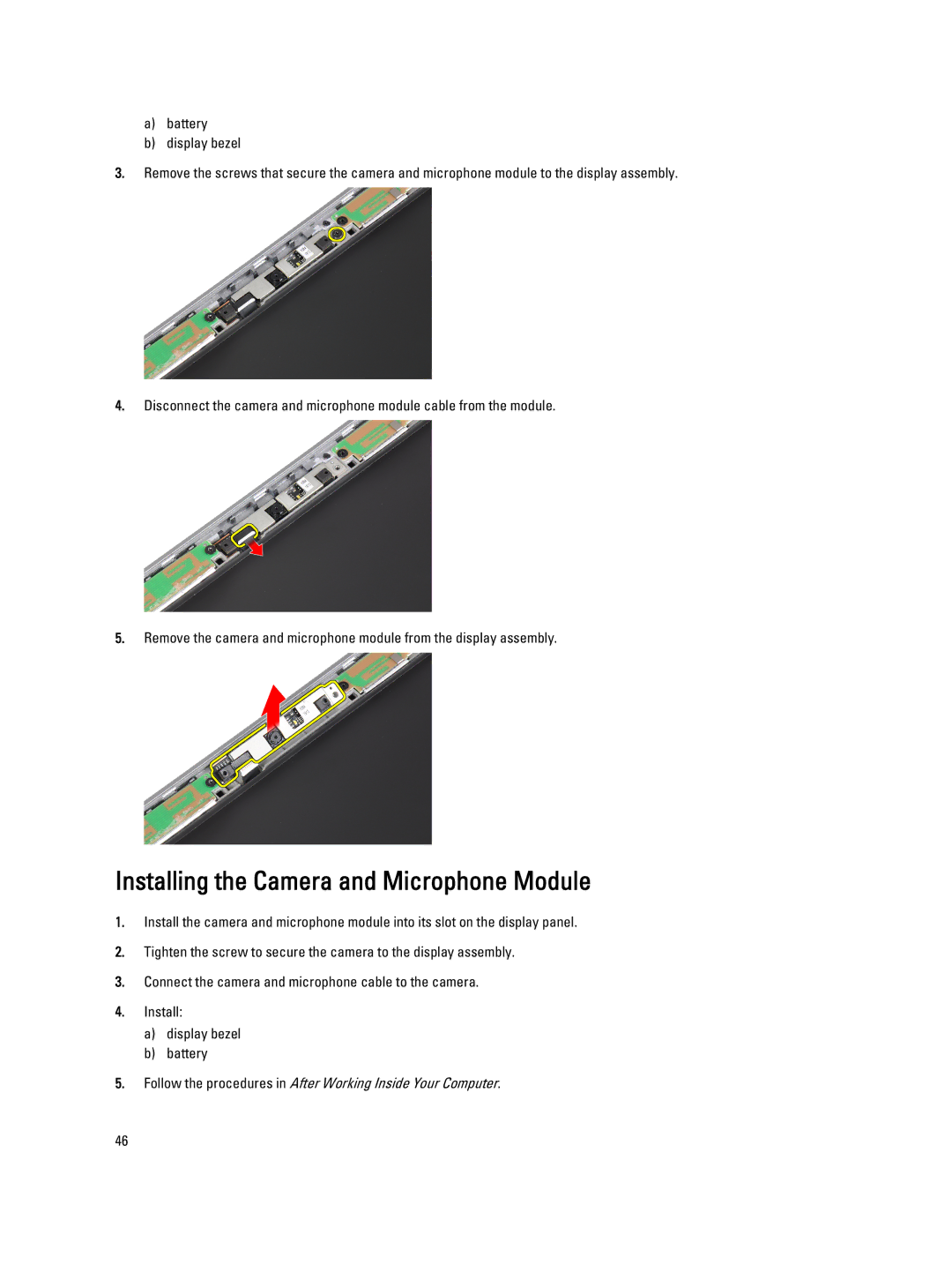 Dell E6330 owner manual Installing the Camera and Microphone Module 