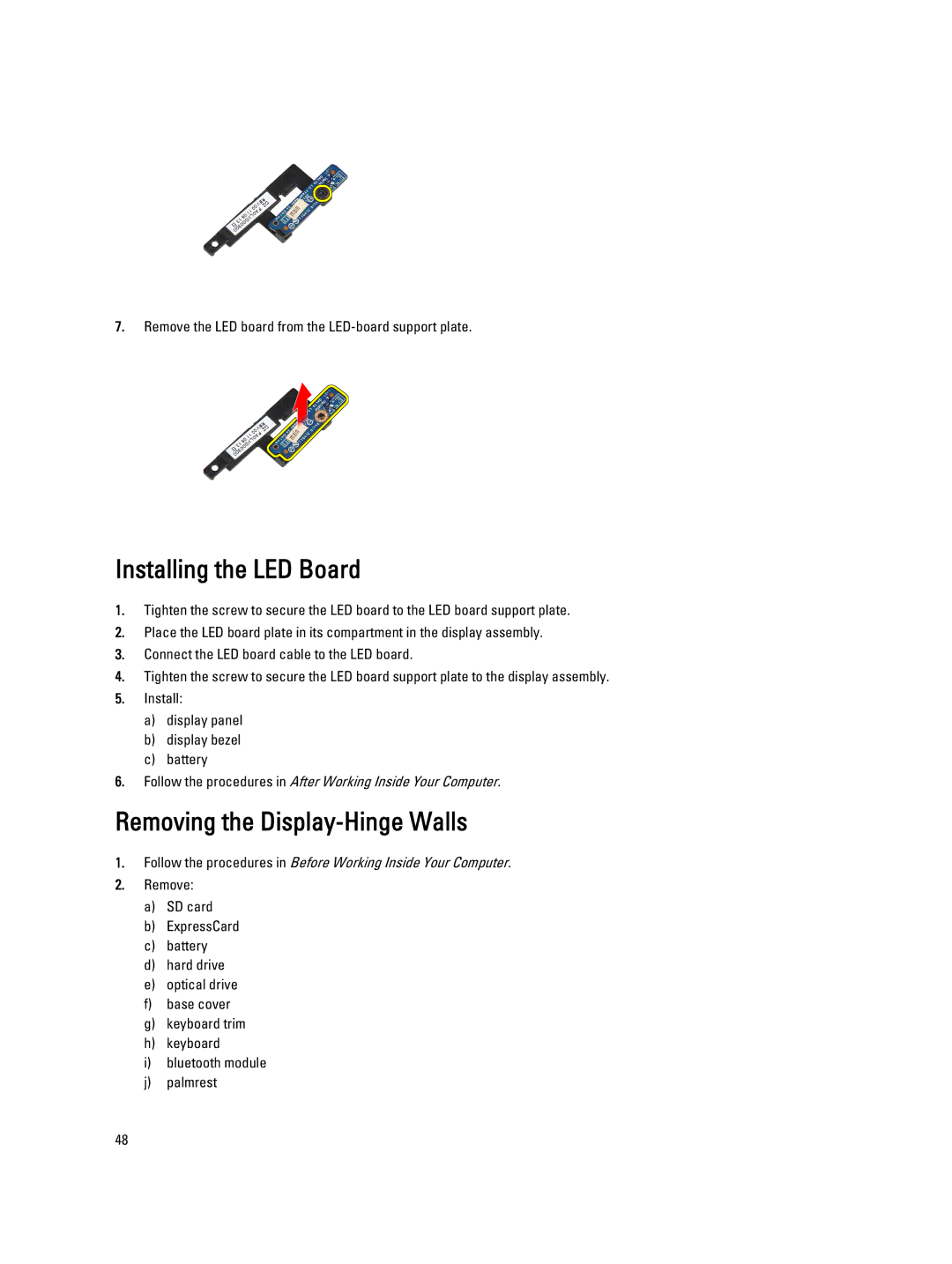 Dell E6330 owner manual Installing the LED Board, Removing the Display-Hinge Walls 