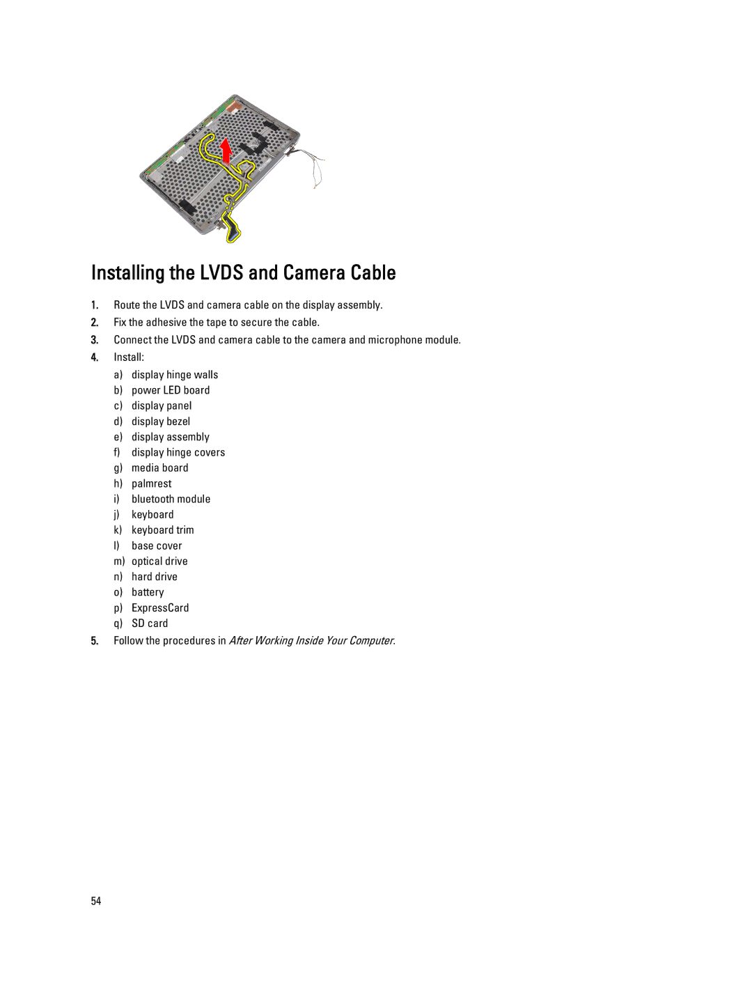 Dell E6330 owner manual Installing the Lvds and Camera Cable 