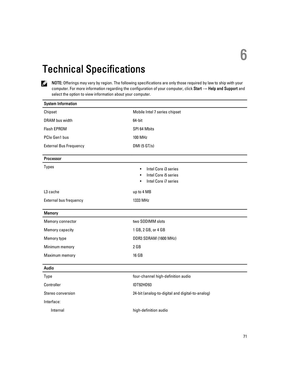 Dell E6330 owner manual Processor, Memory, Audio 