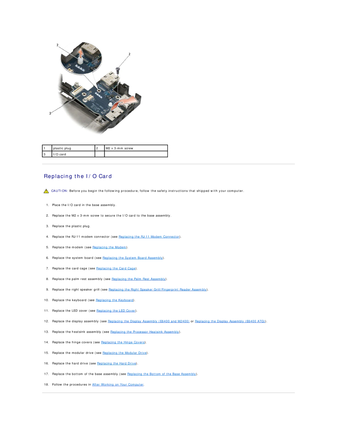 Dell E6400 ATG manual Replacing the I/O Card 