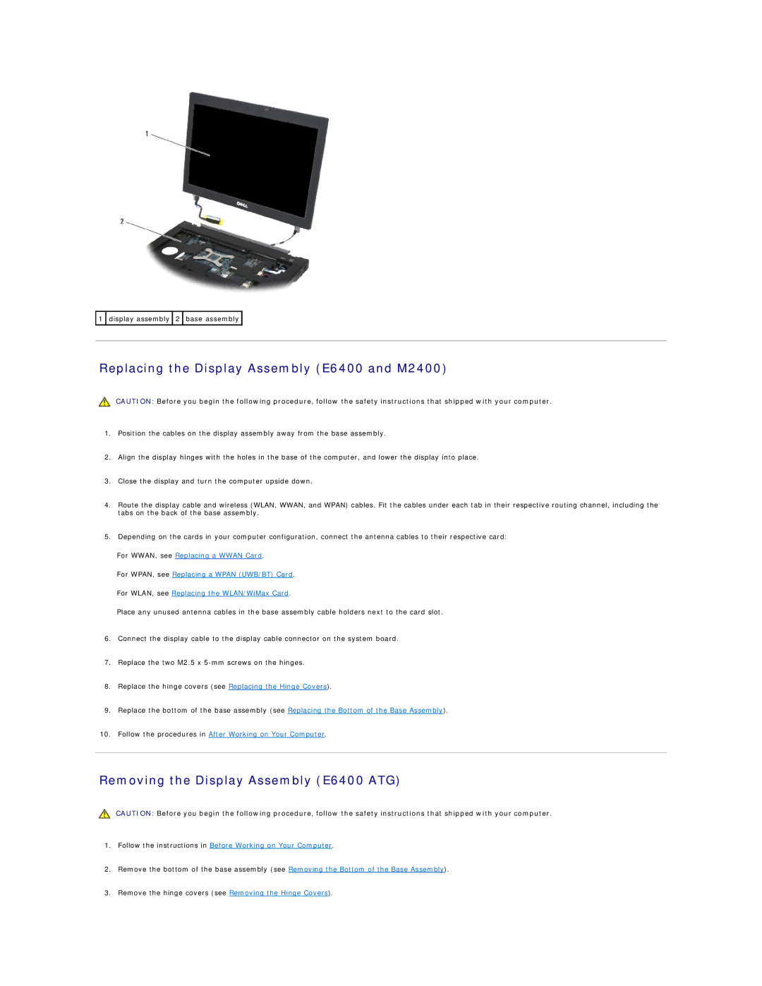 Dell manual Replacing the Display Assembly E6400 and M2400, Removing the Display Assembly E6400 ATG 