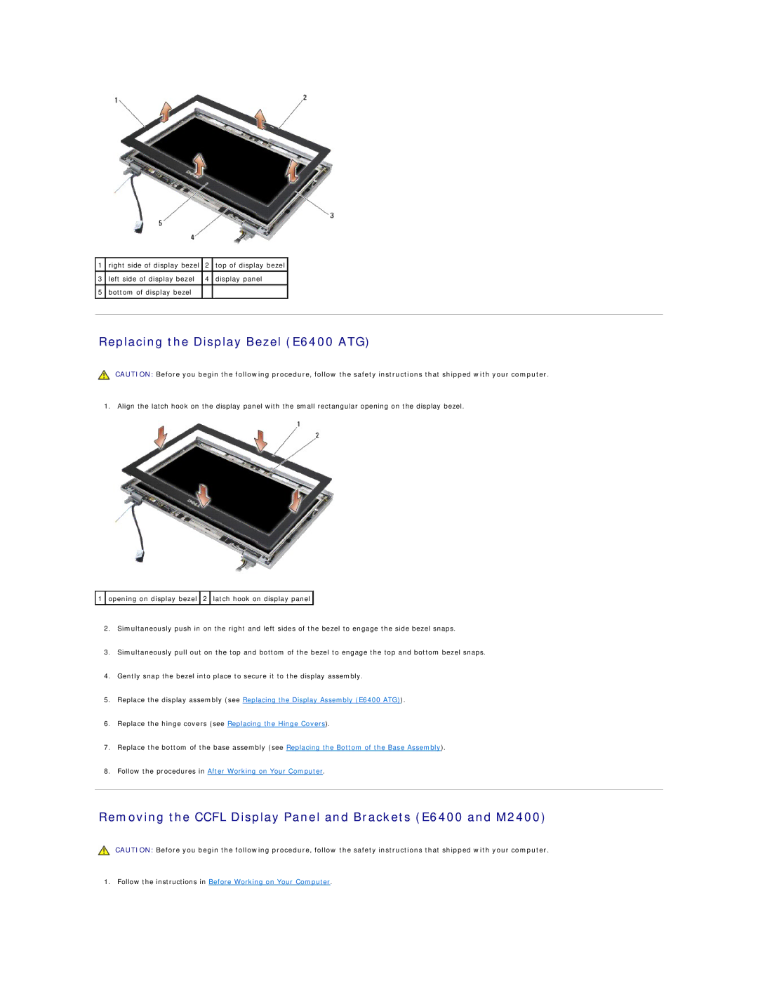 Dell manual Replacing the Display Bezel E6400 ATG, Removing the Ccfl Display Panel and Brackets E6400 and M2400 