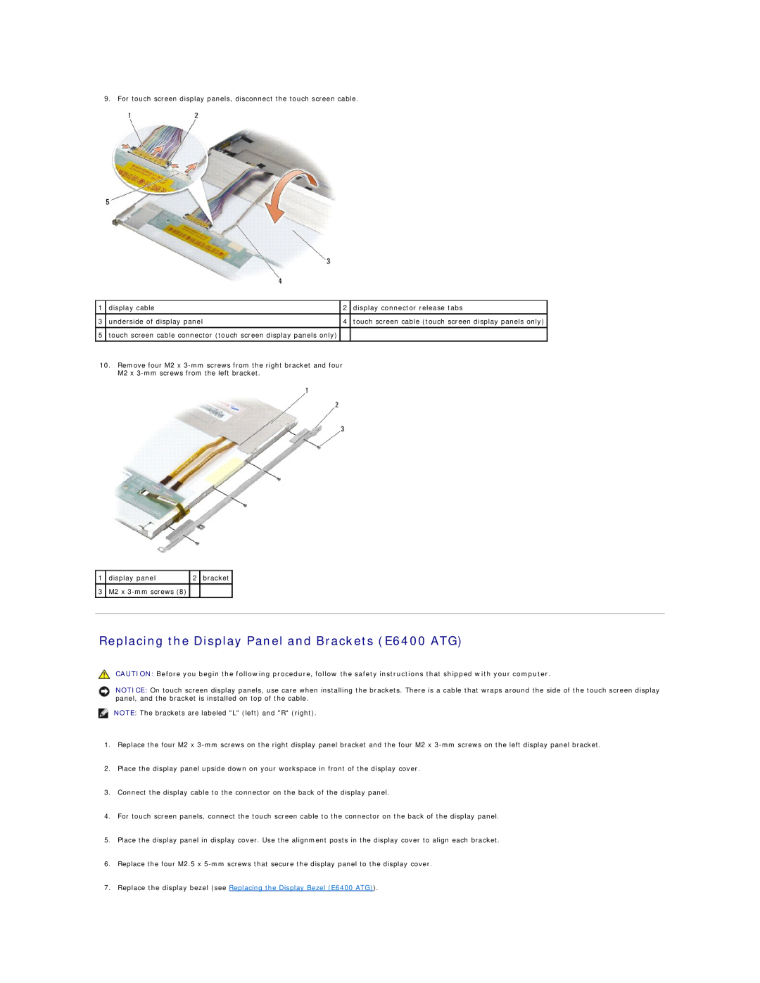 Dell manual Replacing the Display Panel and Brackets E6400 ATG 