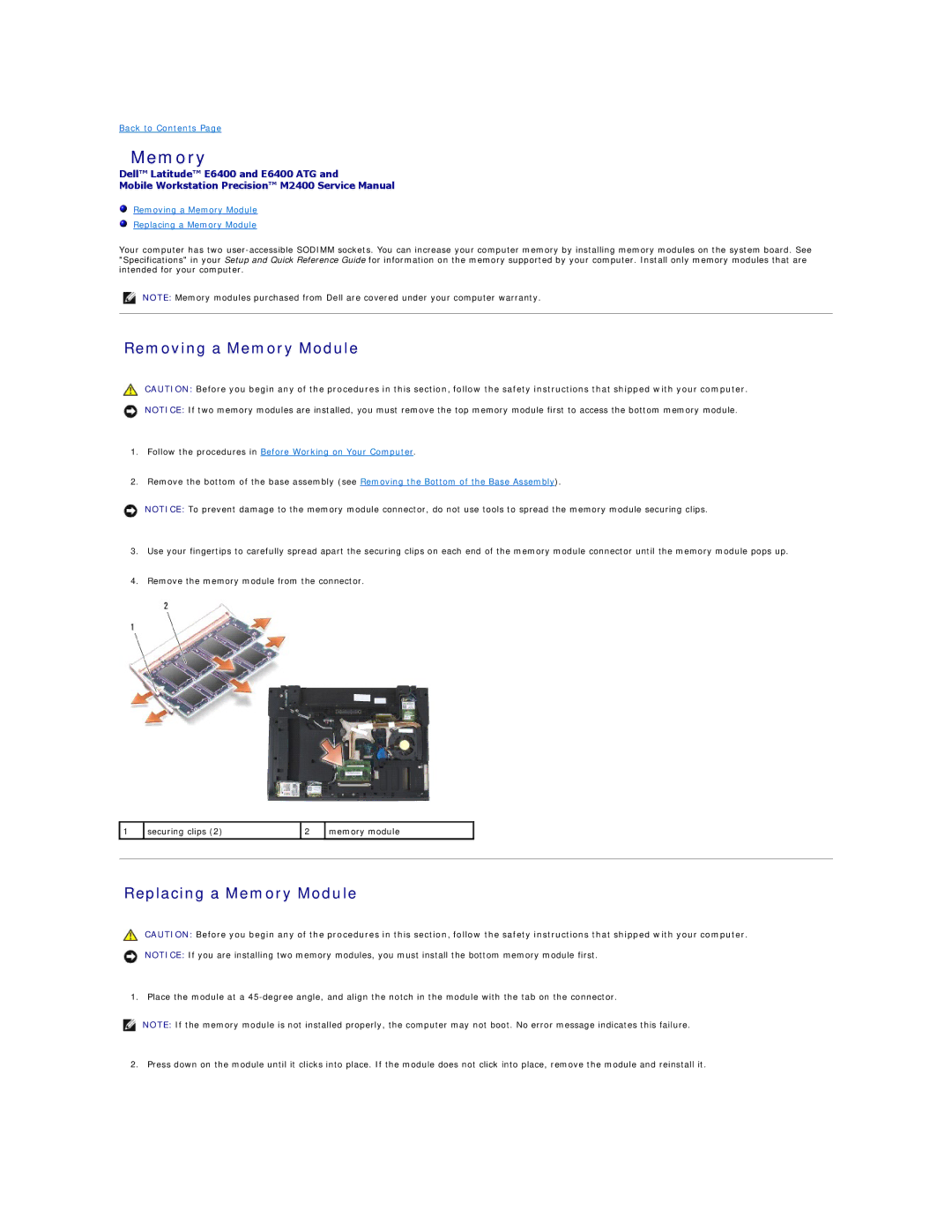 Dell E6400 ATG manual Removing a Memory Module, Replacing a Memory Module 