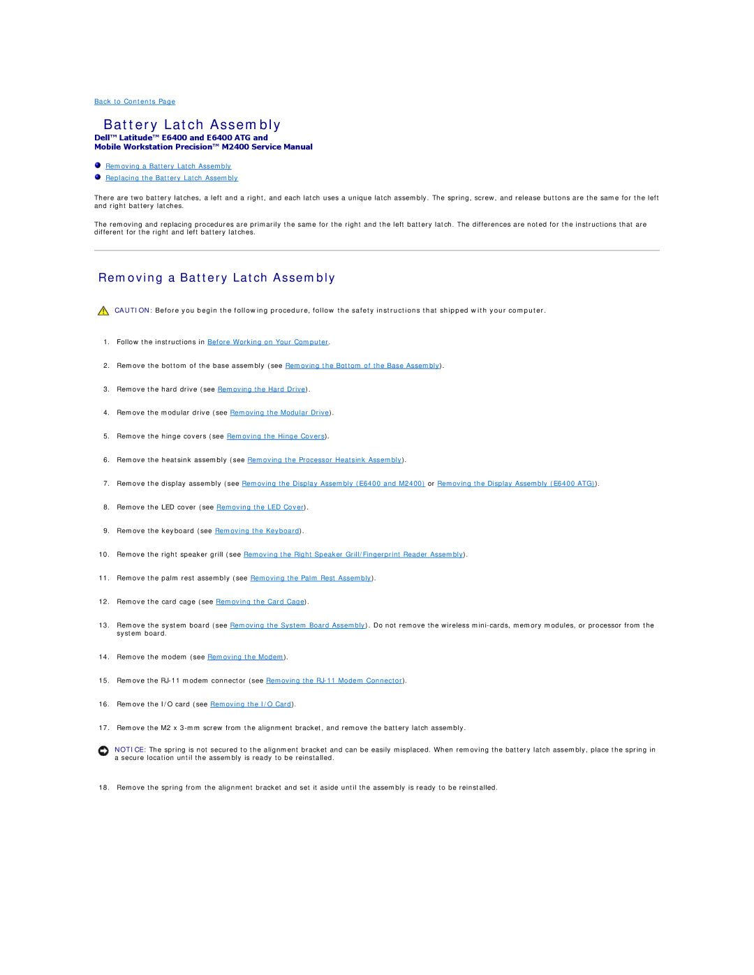 Dell E6400 ATG manual Removing a Battery Latch Assembly 