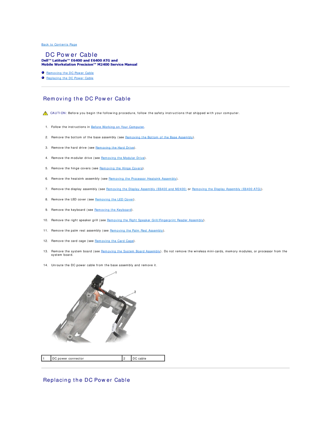 Dell E6400 ATG manual Removing the DC Power Cable, Replacing the DC Power Cable 