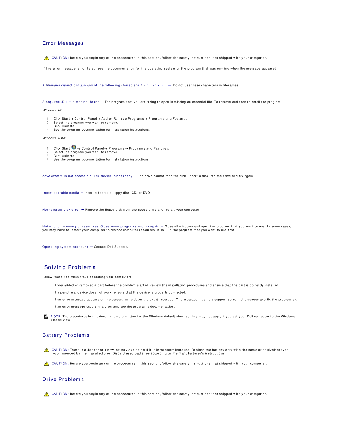 Dell E6400 ATG manual Solving Problems, Error Messages 