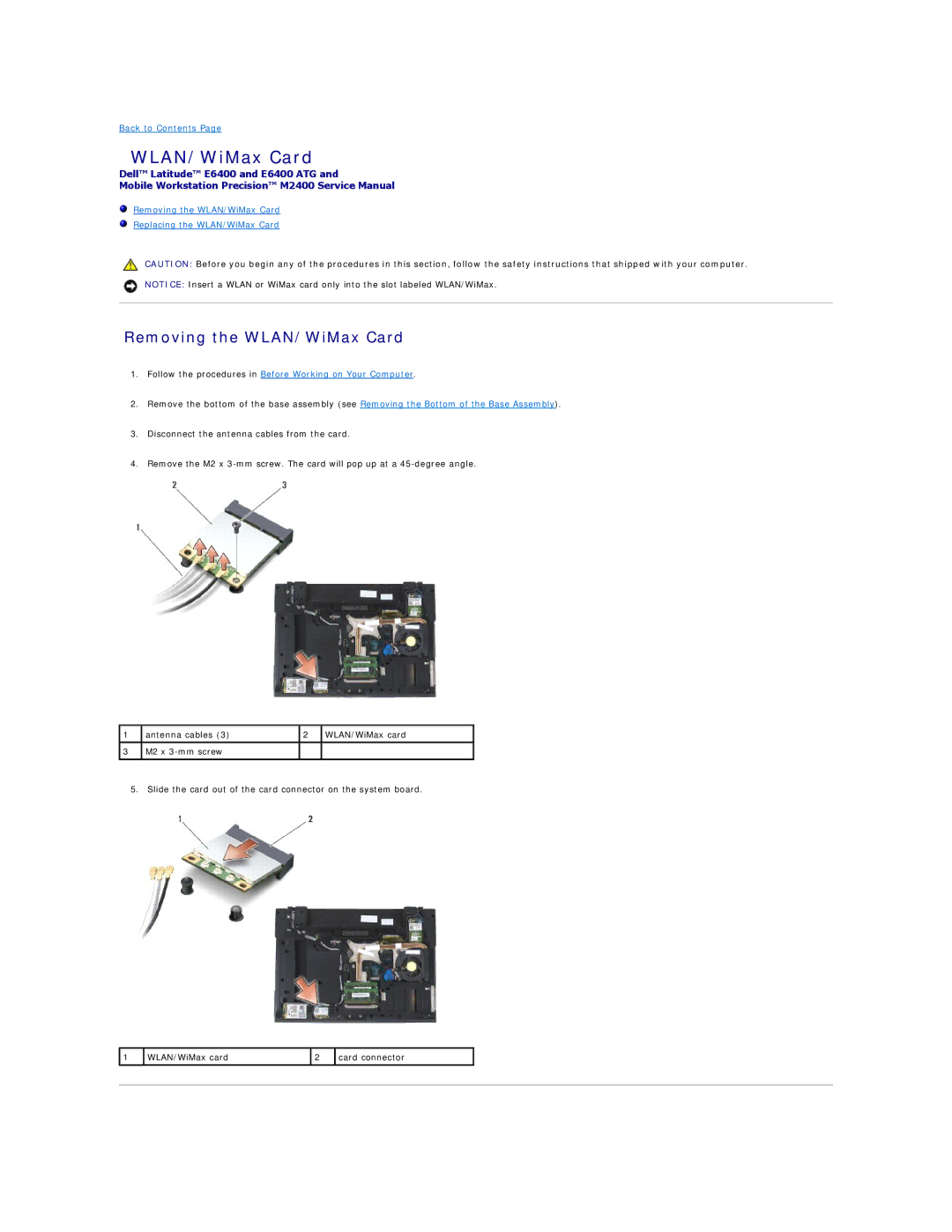 Dell E6400 ATG manual Removing the WLAN/WiMax Card 