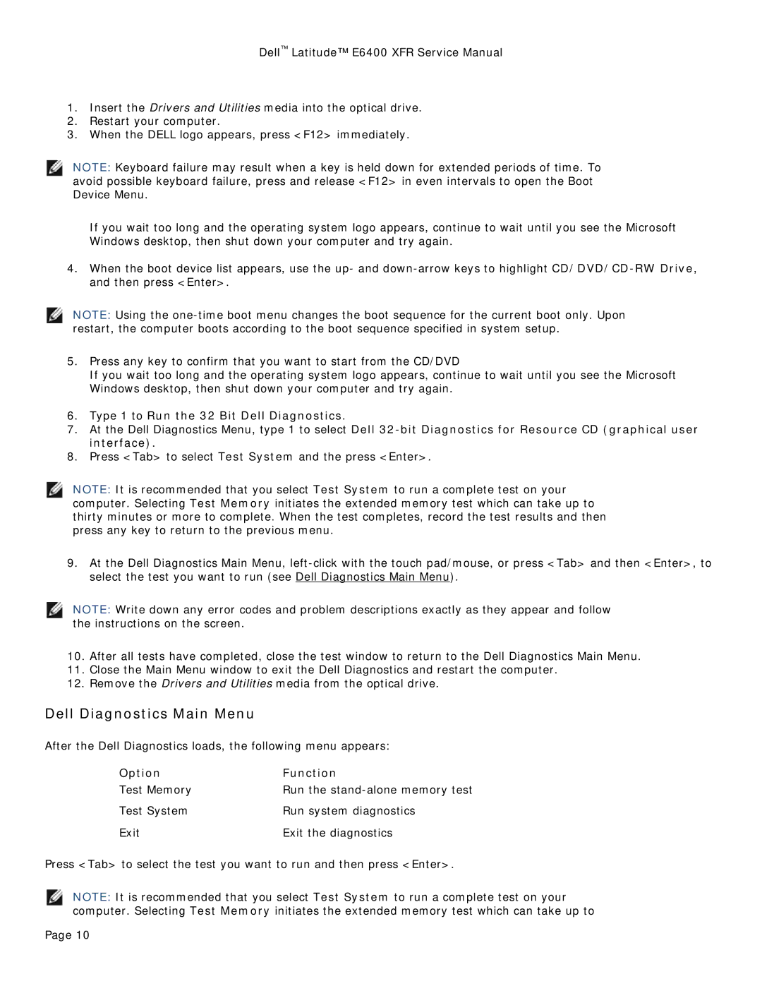 Dell E6400 XFR service manual Dell Diagnostics Main Menu, Option Function 