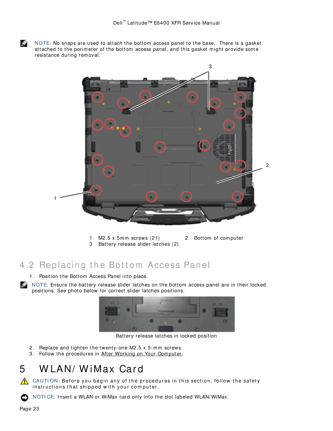 Dell E6400 XFR service manual WLAN/WiMax Card, Replacing the Bottom Access Panel 